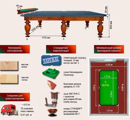 Бильярдный стол для русской пирамиды "Виконт" (9 футов, сосна, борт ясень, сланец 25мм)